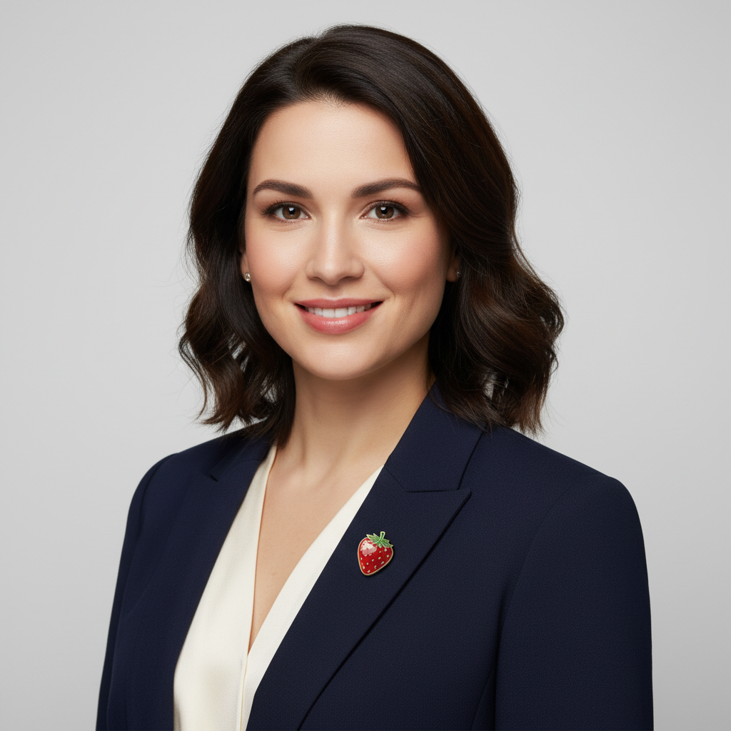 Professional headshot with strawberry pin
